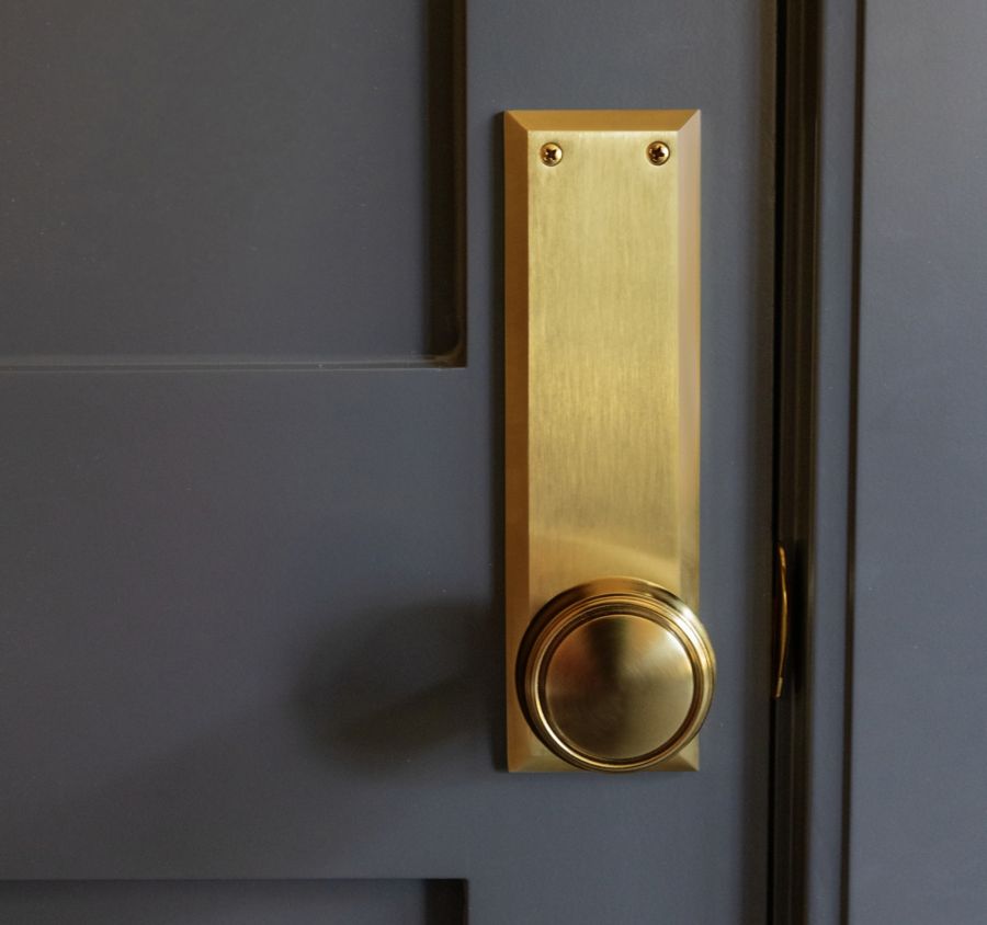 Baldwin knobset and long backplate in Heirloom Brass