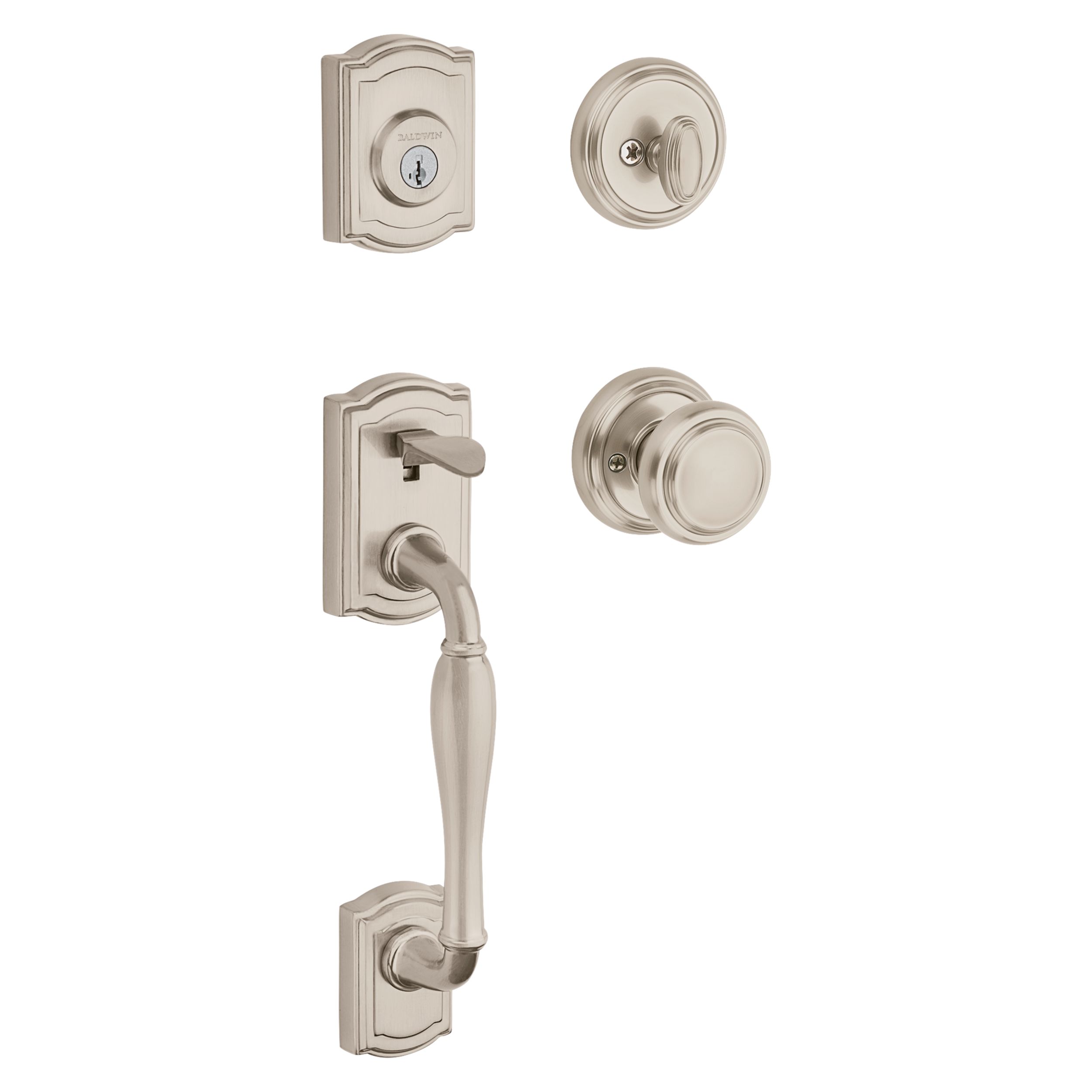 Baldwin      Prestige Wesley Single Cylinder Satin Nickel Door Handleset with Alcott Door Knob Featuring SmartKey Security