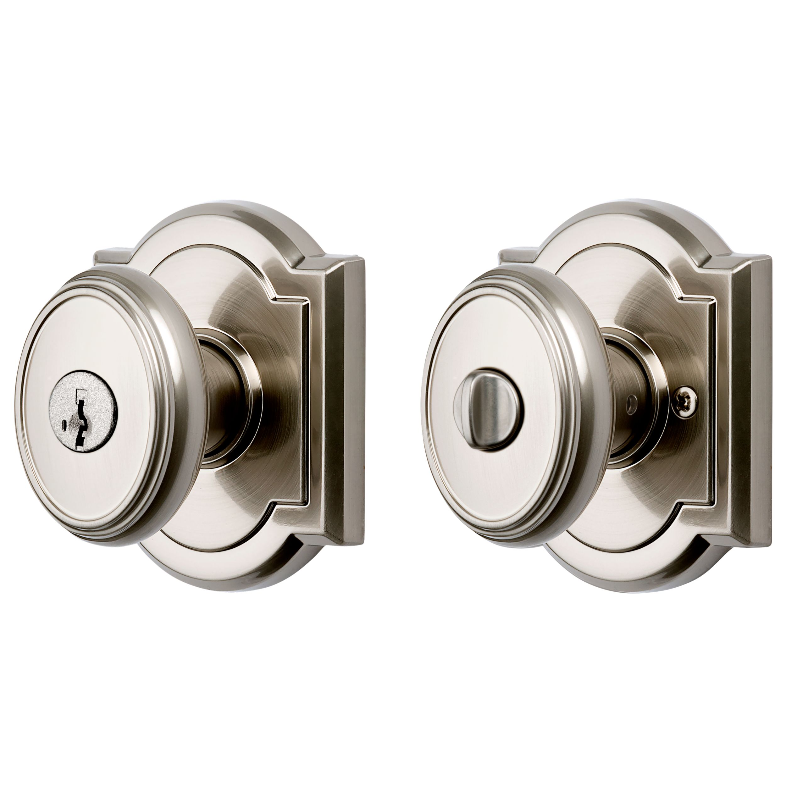 Keyed Carnaby Knob & Arch Rose - Satin Nickel | Baldwin Hardware