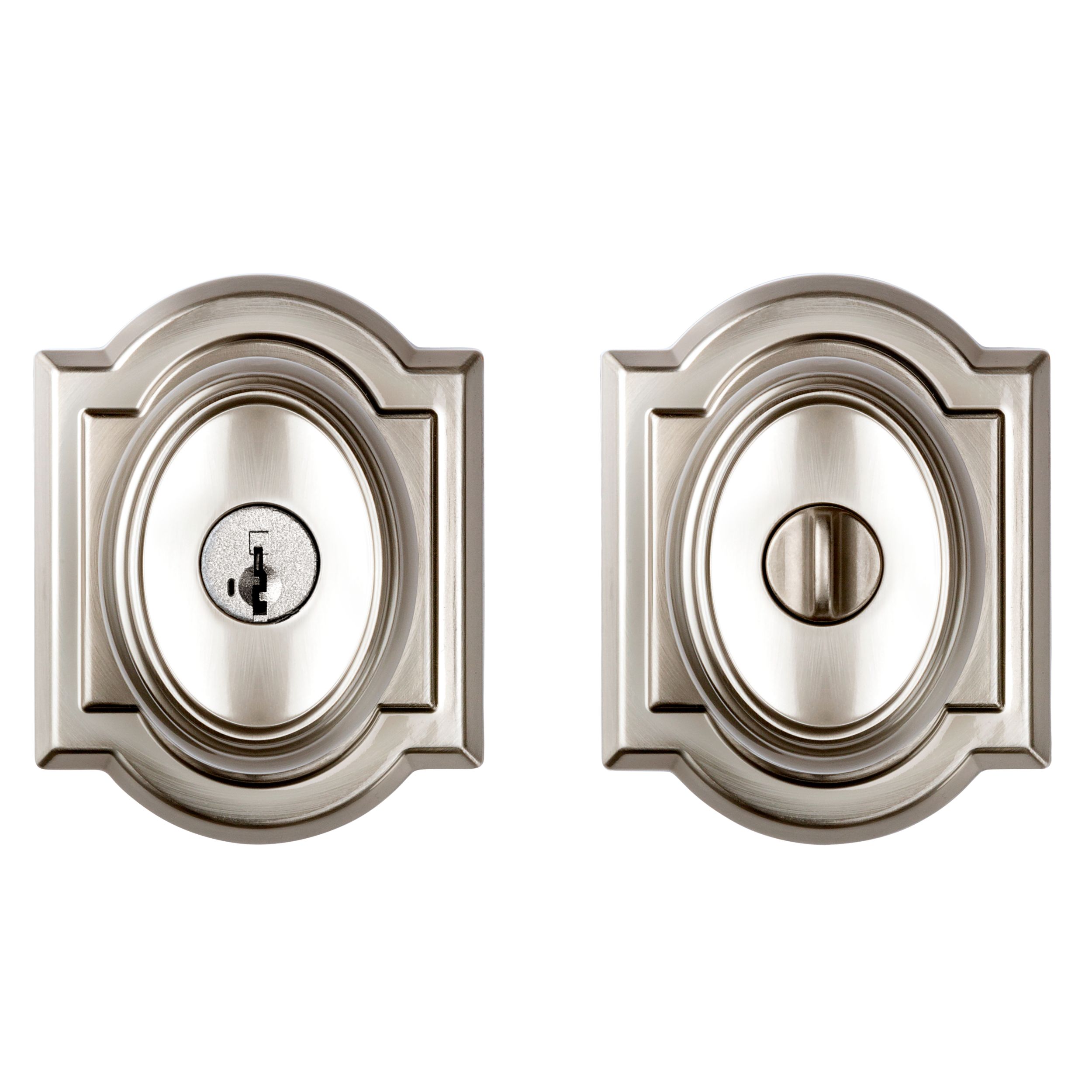 Keyed Carnaby Knob & Arch Rose - Satin Nickel | Baldwin Hardware