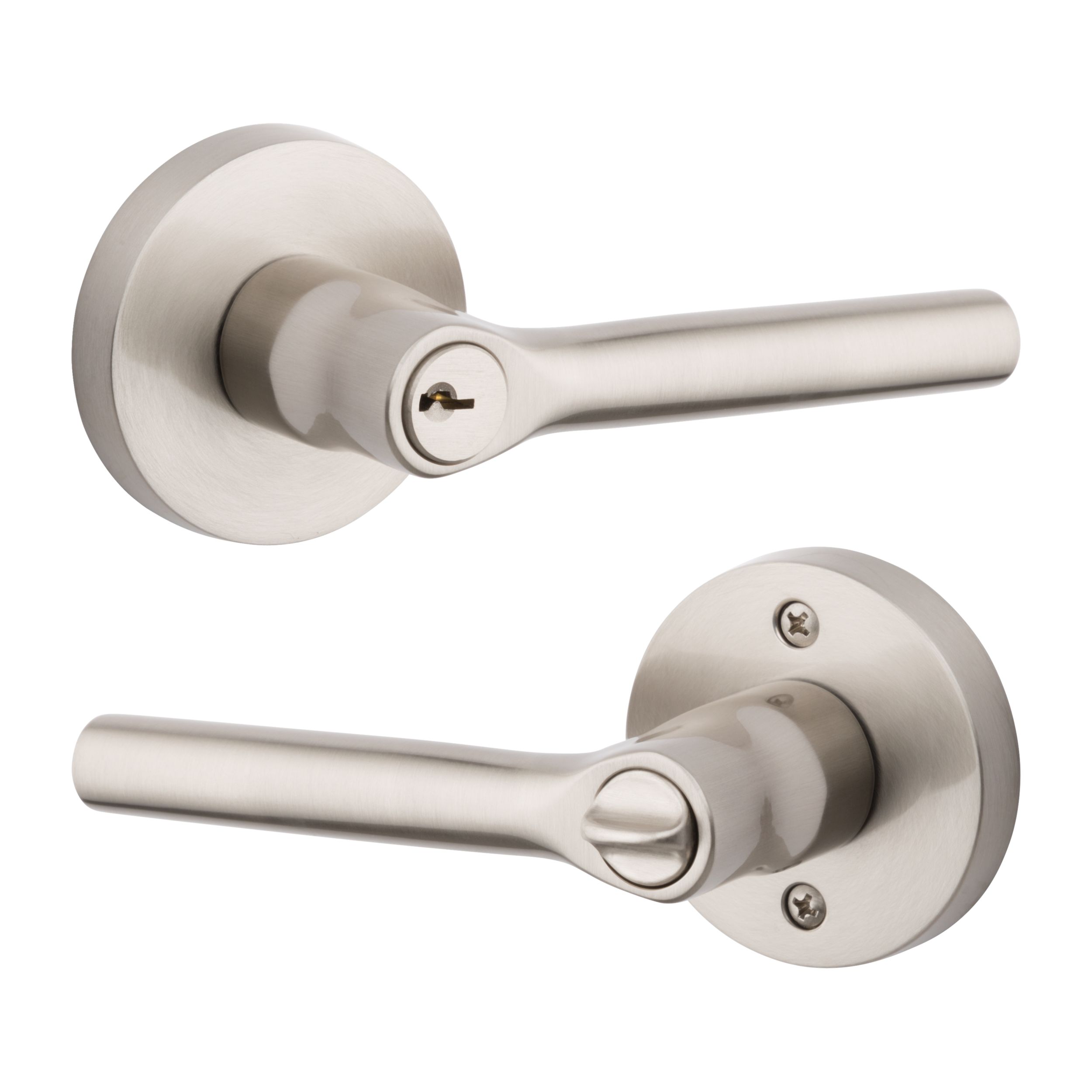 Keyed Tube Lever & Contemporary Round Rose - Satin Nickel